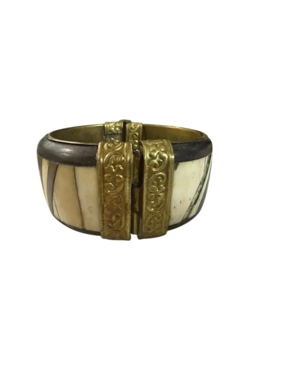 Vintage Wood Brass Bone Hinged Bangle Bracelet 2.5"